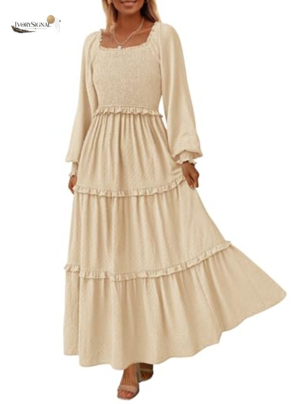 Smocked Swiss Dot Maxi Dress Long Puff Sleeve Square Neck